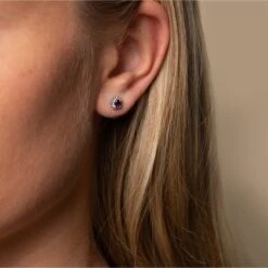 Chisholm Hunter 9ct White Gold 0.10ct Diamond And Amethyst Halo Earrings -Chisholm Hunter 16 129 05 0032 lifestyle closeup