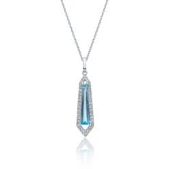Chisholm Hunter 9ct White Gold Tapered Baguette Cut Topaz 16x4x2 Diamond Halo Pendant
