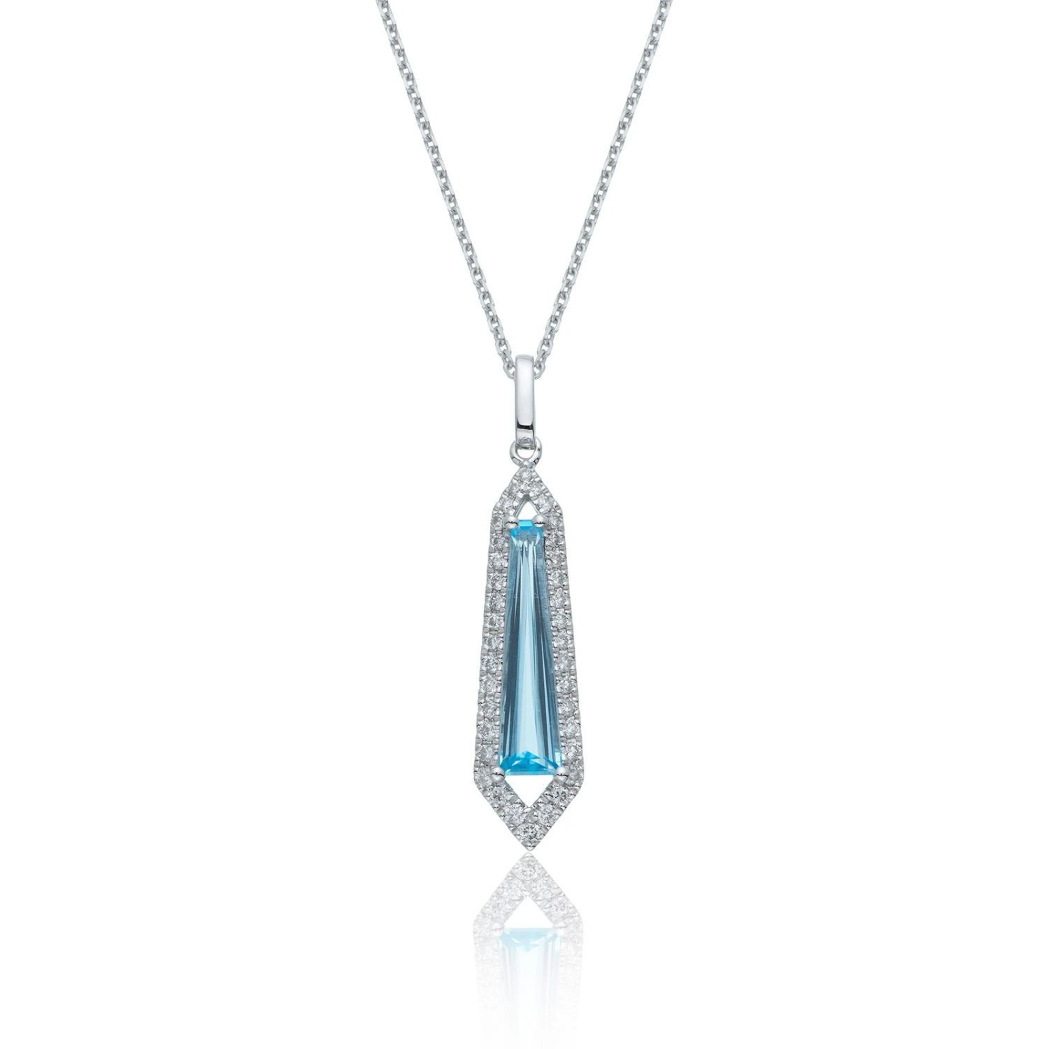 Chisholm Hunter 9ct White Gold Tapered Baguette Cut Topaz 16x4x2 Diamond Halo Pendant 3 Chisholm Hunter 9ct White Gold Tapered Baguette Cut Topaz 16x4x2 Diamond Halo Pendant