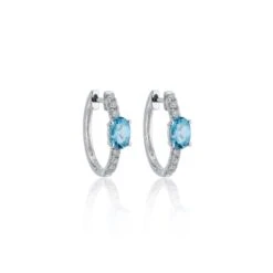 Chisholm Hunter 9ct White Gold Oval Cut 0.20ct Diamond And Blue Topaz Hoop Earrings
