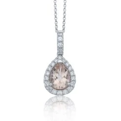 Chisholm Hunter 18ct White Gold Morganite And Diamond 1.50ct Pear Halo Pendant