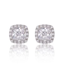 Chisholm Hunter 9ct White Gold Cushion Cut Cubic Zirconia Halo Stud Earrings