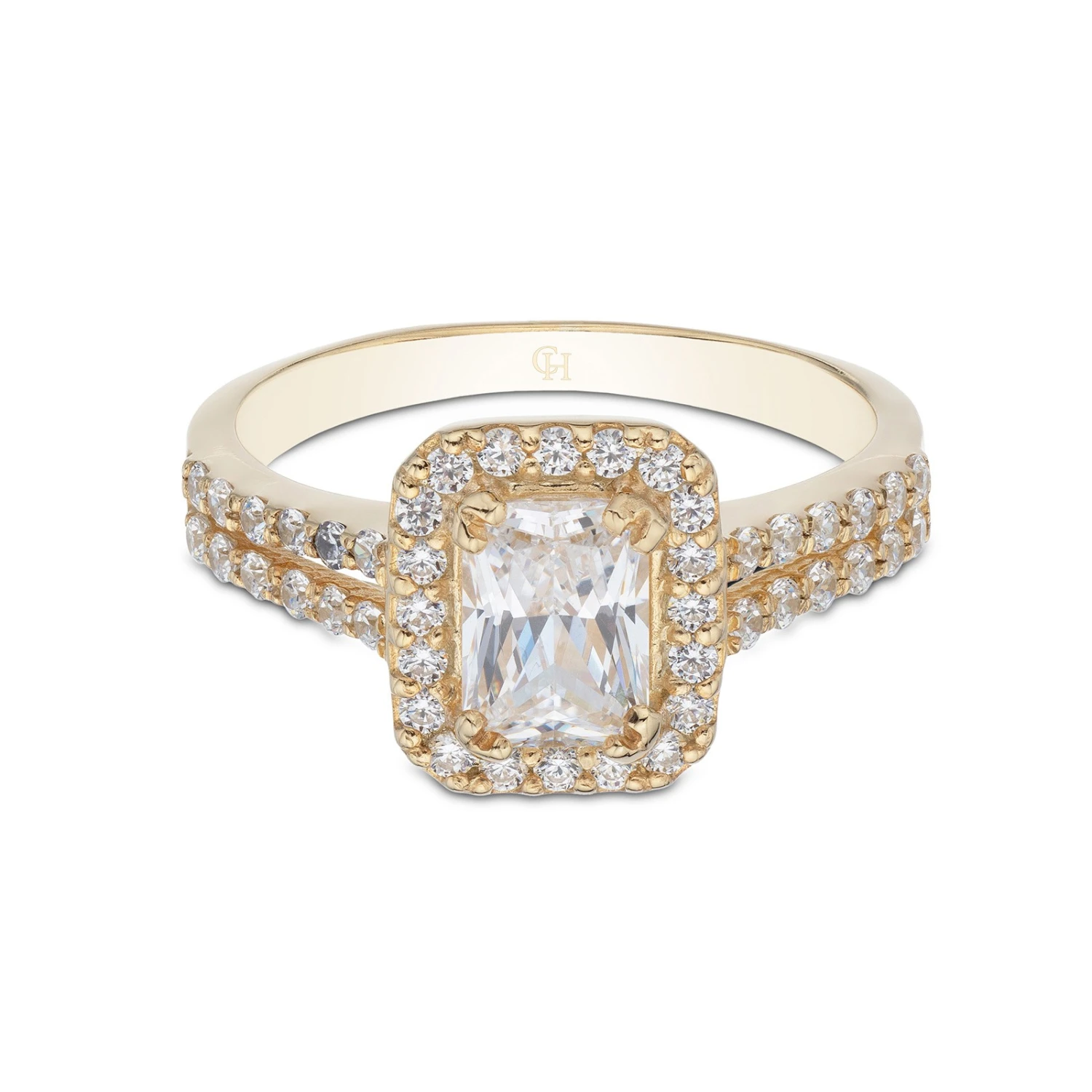 Chisholm Hunter 9ct Yellow Gold Cubic Zirconia Emerald Cut Halo Solitaire Ring 5 Chisholm Hunter 9ct Yellow Gold Cubic Zirconia Emerald Cut Halo Solitaire Ring - Image 3
