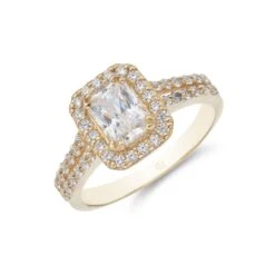 Chisholm Hunter 9ct Yellow Gold Cubic Zirconia Emerald Cut Halo Solitaire Ring