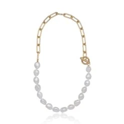 Chisholm Hunter Yellow Gold Plated 10-11mm Pearl Link T-Bar Necklace