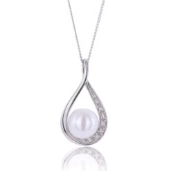 Chisholm Hunter 9ct White Gold Pearl And Diamond 0.04ct Drop Pendant