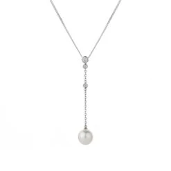 Chisholm Hunter 9ct White Gold Pearl And Diamond 0.08ct Long Drop Pendant