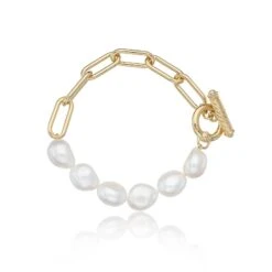 Chisholm Hunter Yellow Gold Plated Pearl Link T-Bar Bracelet