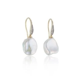 Chisholm Hunter 9ct Yellow Gold Baroque Pearl And Diamond Drop Earrings