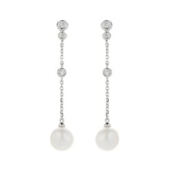 Chisholm Hunter 9ct White Gold Pearl And Diamond 0.10ct Long Drop Earrings