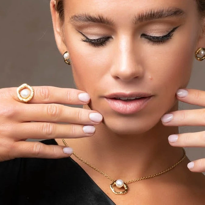 Chisholm Hunter Yellow Gold Plated Hammered 8.8.5mm Pearl Open Ring 4 Chisholm Hunter Yellow Gold Plated Hammered 8.8.5mm Pearl Open Ring - Image 2