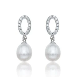 Chisholm Hunter Sterling Silver Oval Cubic Zirconia Pearl Drop Earrings