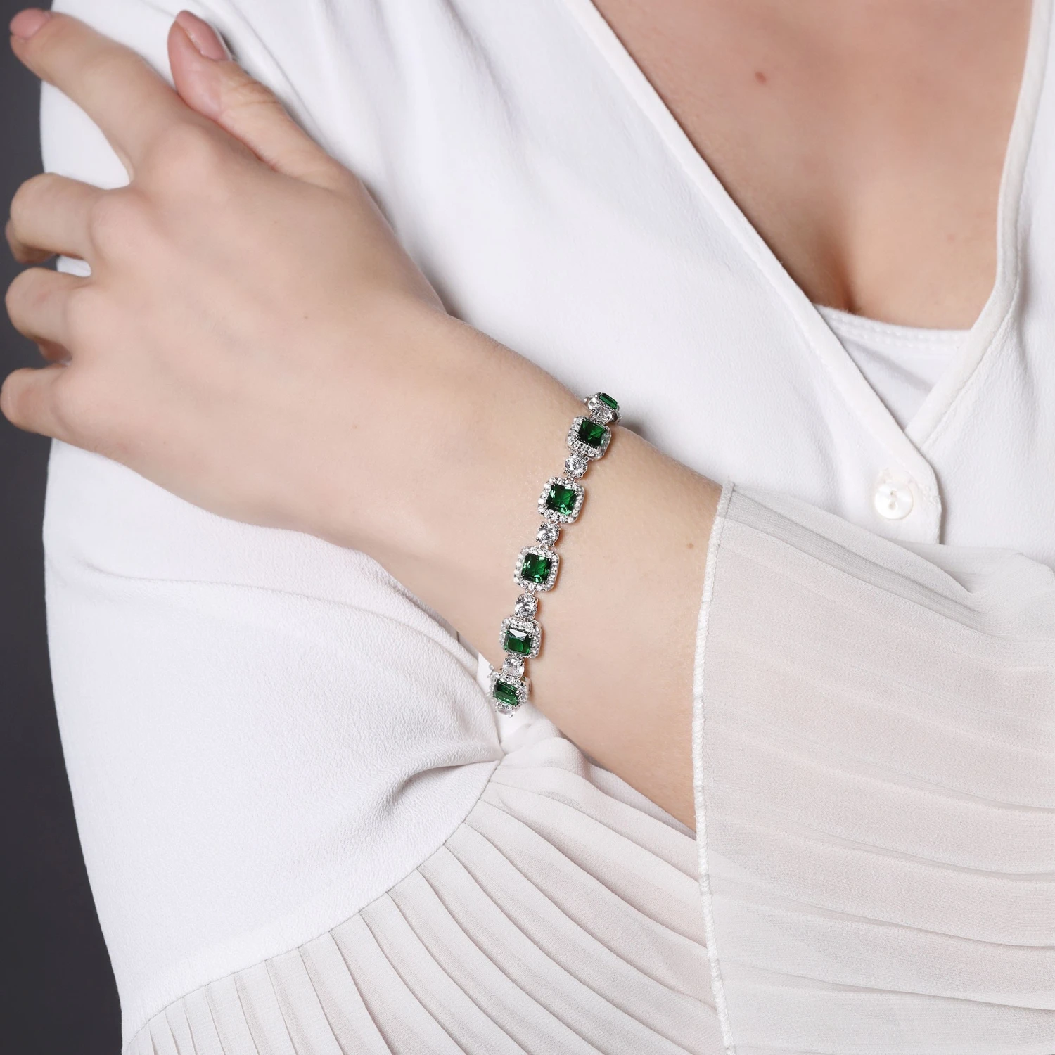 Chisholm Hunter Silver Cushion Cut Forest Green Crystal And Cubic Zirconia Halo Bracelet 5 Chisholm Hunter Silver Cushion Cut Forest Green Crystal And Cubic Zirconia Halo Bracelet - Image 3
