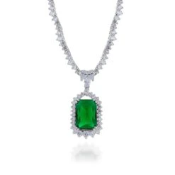 Chisholm Hunter Silver Emerald Cut Green Crystal And Cubic Zirconia Halo Pendant