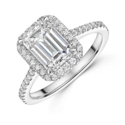 Chisholm Hunter Platinum Lab Grown 2.00ct Emerald Diamond Halo Shoulders Ring